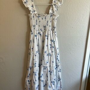 Quince White and Blue Floral Smocked Dress
